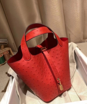 에르메스 피코탄 락18 레드 금장 타조가죽